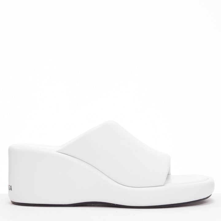 BALENCIAGA Rise white calf leather black logo padded wedged slides EU38