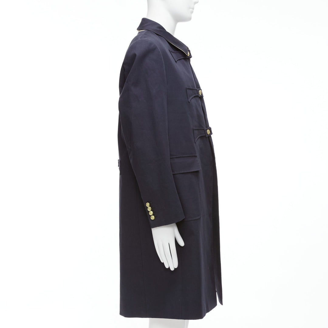THOM BROWNE 2008 navy gold anchor button loop through boxy longline coat Sz.3 L