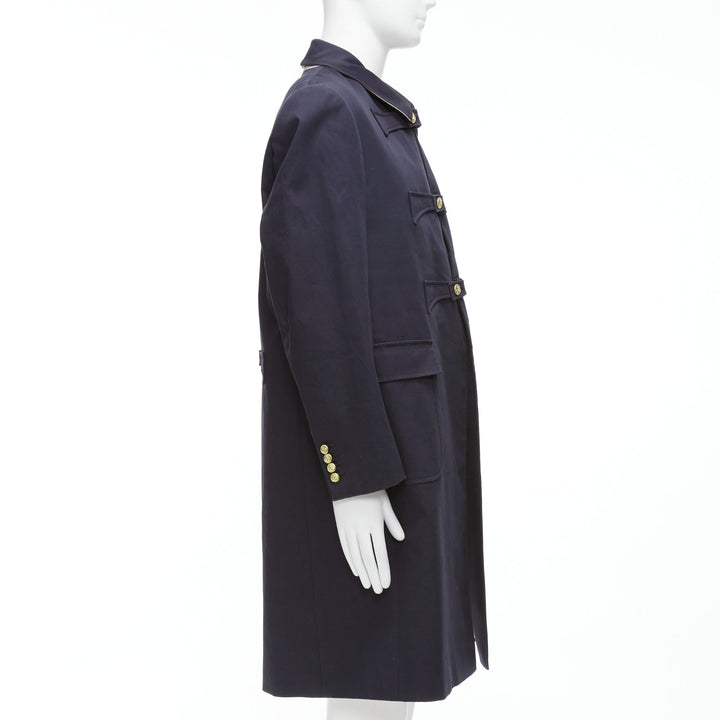 THOM BROWNE 2008 navy gold anchor button loop through boxy longline coat Sz.3 L