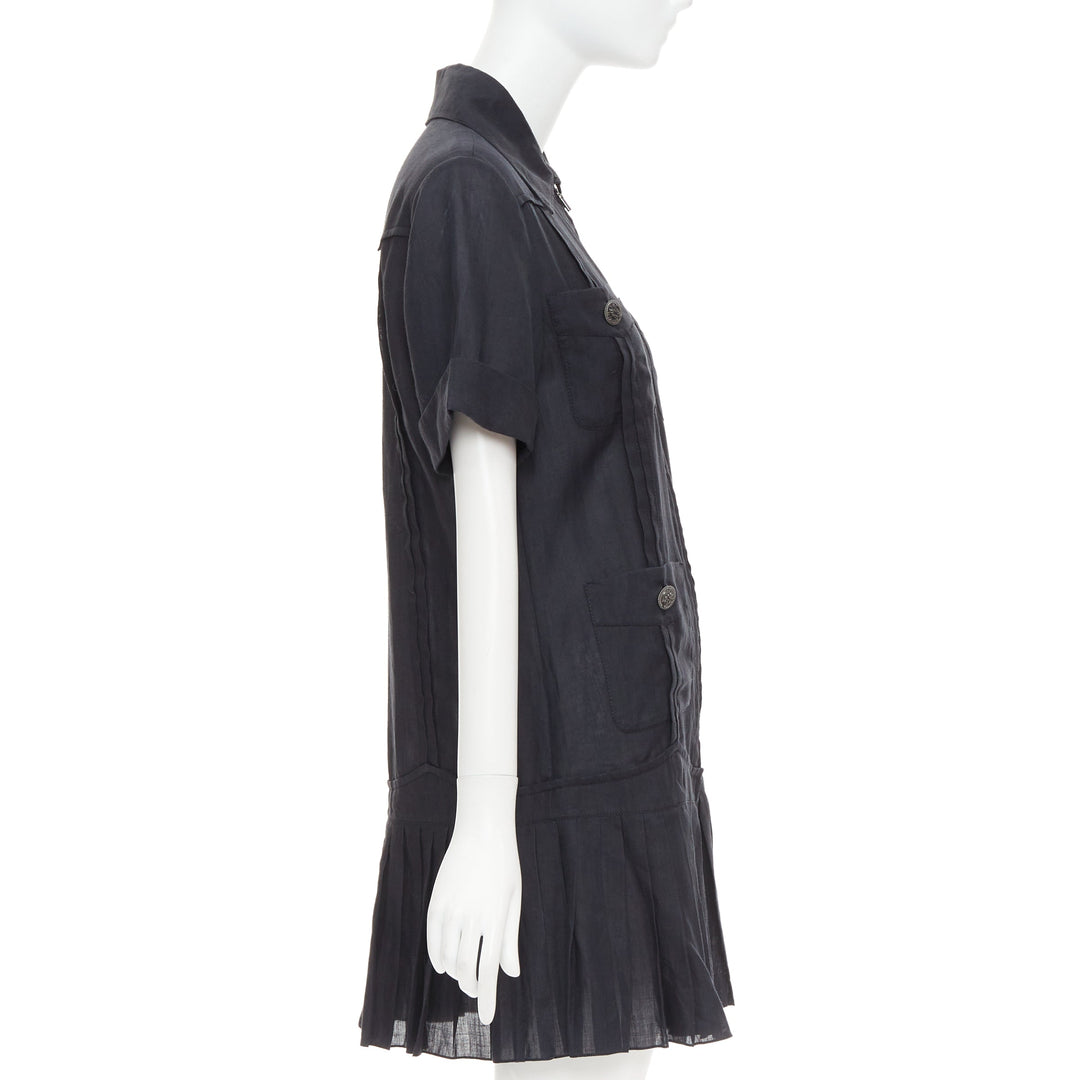 CHANEL Coco Cuba black ramie 4 pocket zip pleated mini dress FR34 XS