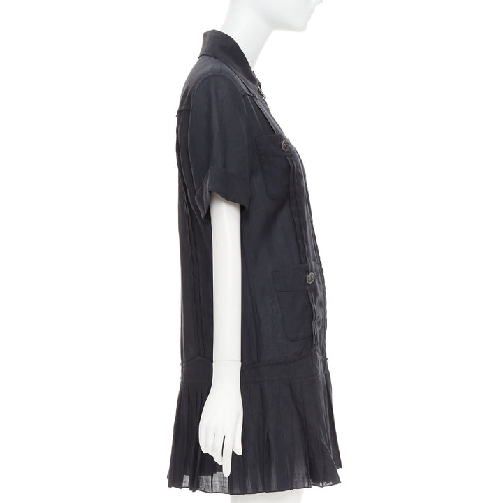 CHANEL Coco Cuba black ramie 4 pocket zip pleated mini dress FR34 XS