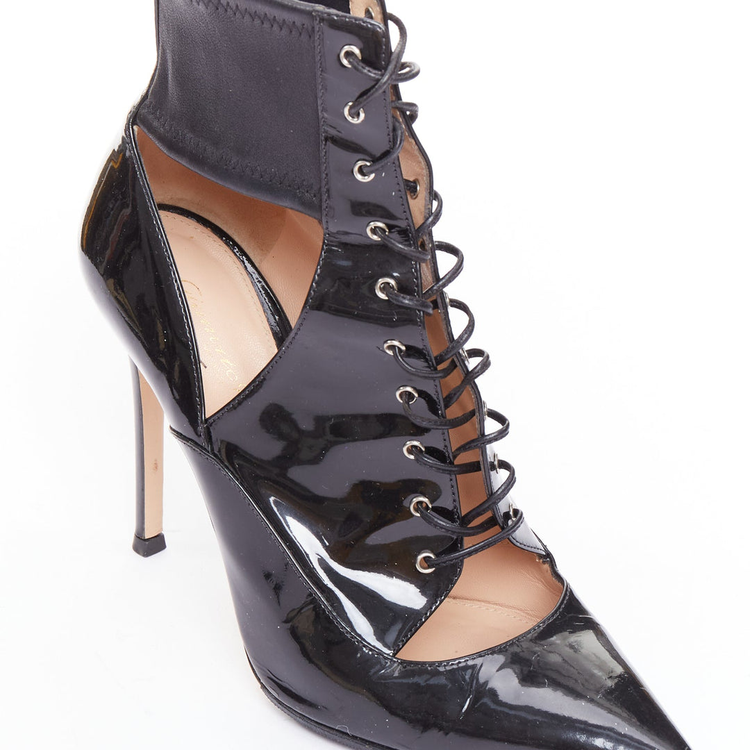 GIANVITO ROSSI black patent cut out corset lace heeled booties EU37.5