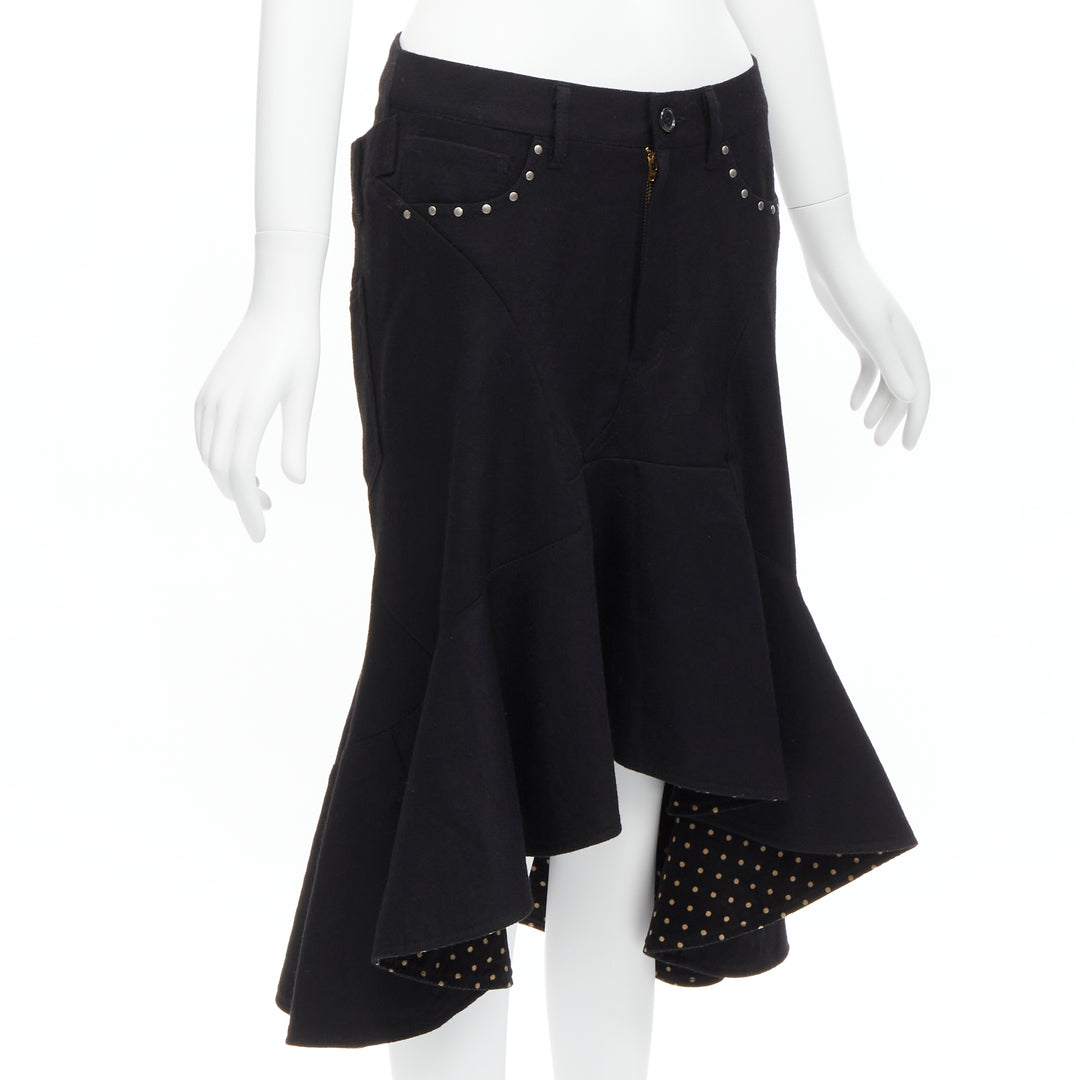 JUNYA WATANABE 2013 black studded pocket polka dot deconstructed flare skirt S