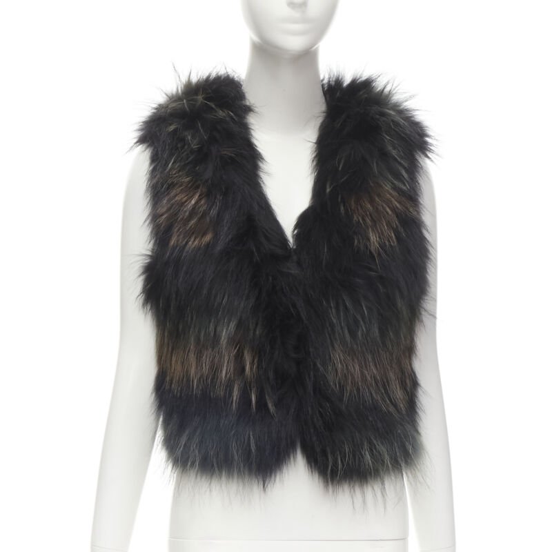 METEO YVES SALOMON black brown green racoon fur vest jacket IT36 XS