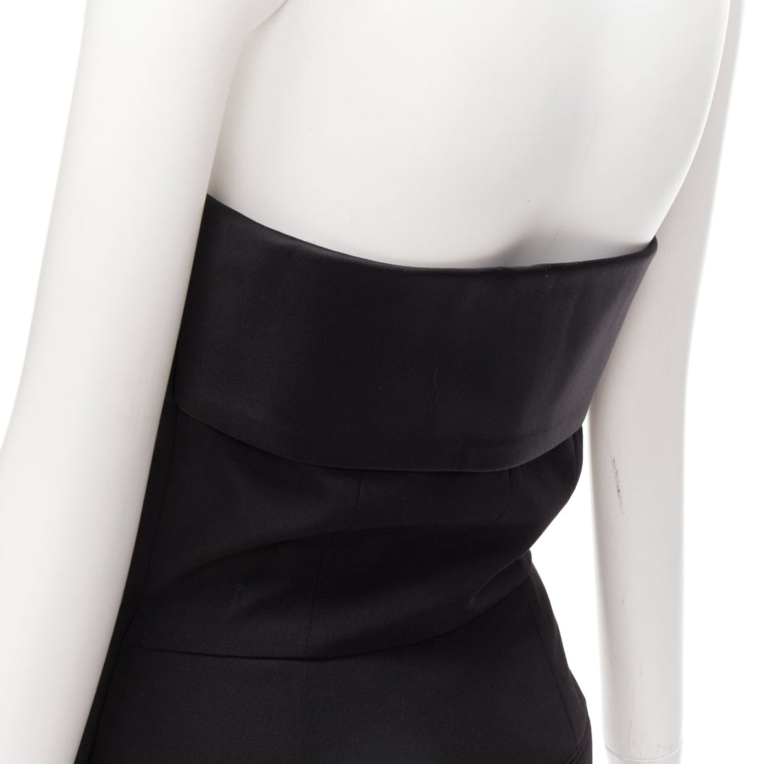 SAINT LAURENT 2014 black virgin wool silk strapless satin panel jumpsuit FR38 M