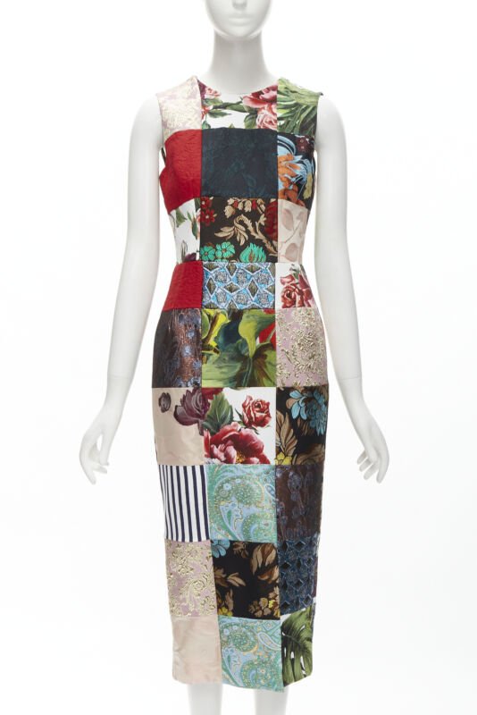 DOLCE GABBANA 2021 mixed grid patchwork jacquard front slit  midi dress IT38 XS