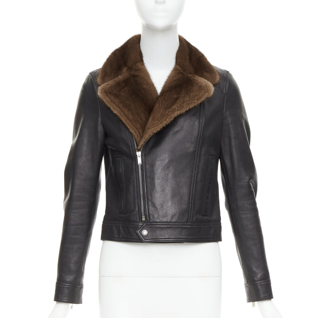SAINT LAURENT 2018 brown mink fur black lambskin leather biker jacket FR38 M