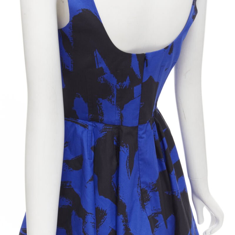 ALEXANDER MCQUEEN 2022 black blue abstract print fit flared scoop dress It38 S