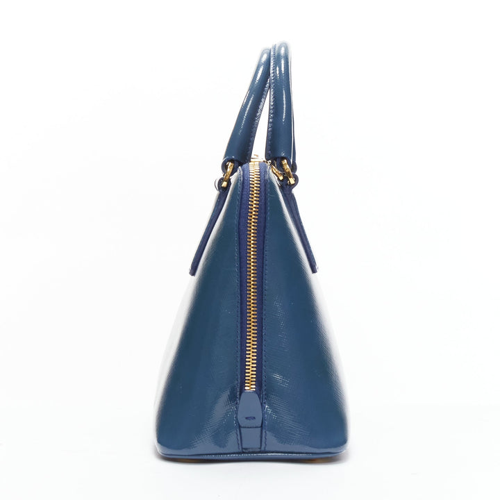 PRADA Promenade Vernice Saffiano blue leather triangle logo top handle tote bag