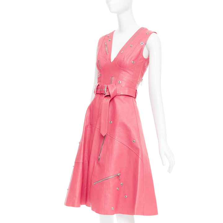 ALEXANDER MCQUEEN 2017 Runway fuchsia pink leather biker zip dress IT36 XXS