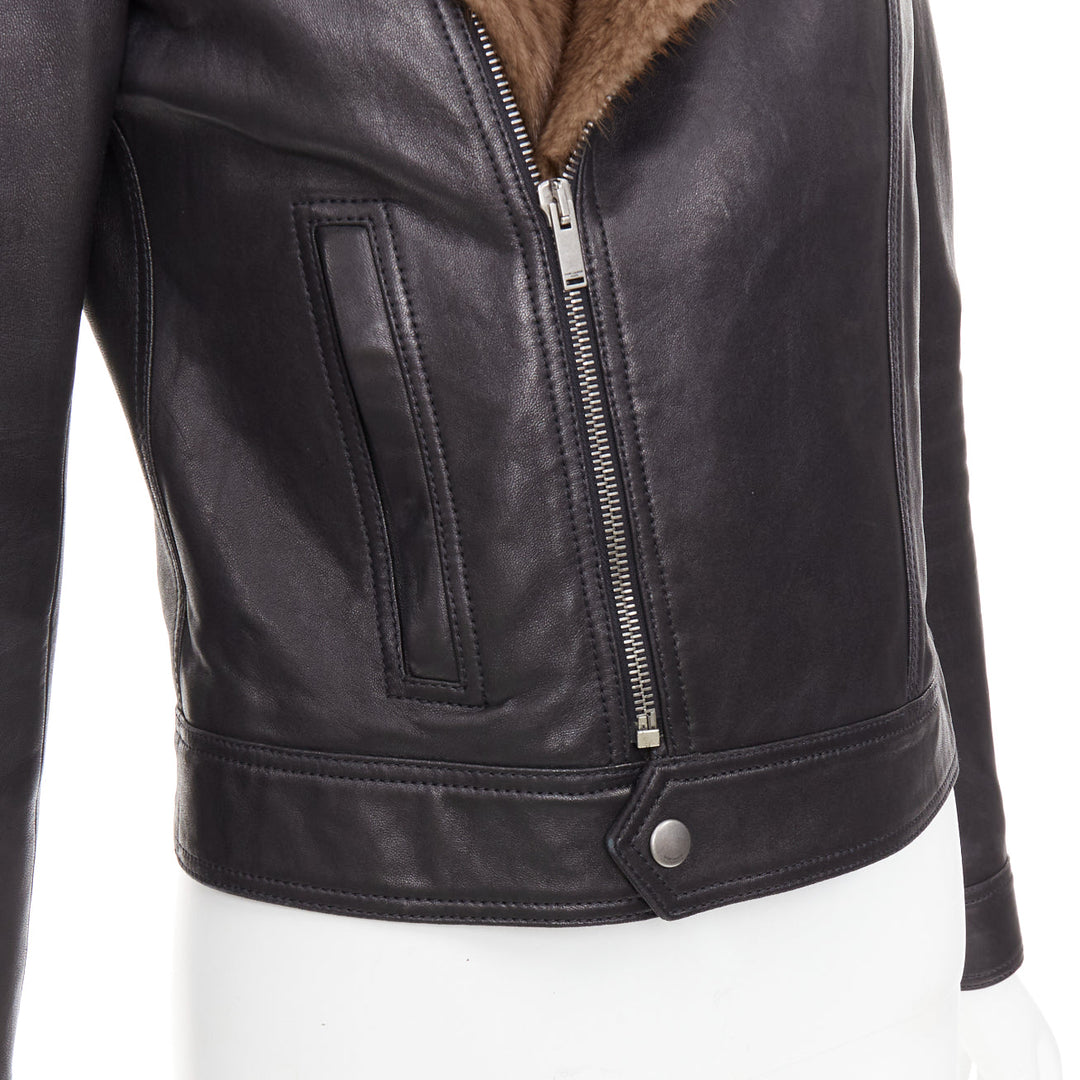 SAINT LAURENT 2018 brown mink fur black lambskin leather biker jacket FR38 M