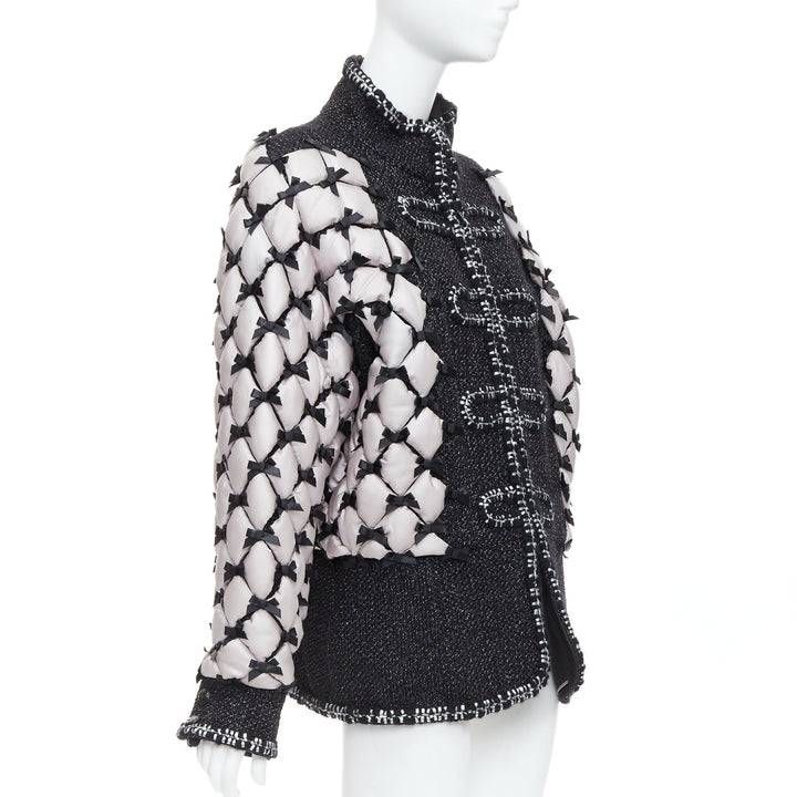 rare CHANEL 15A Runway black tweed white quilted tromp loeil ribbon  jacket FR50