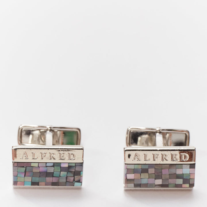 ALFRED DUNHILL 925 steel holographic mosaic tile split logo cufflinks