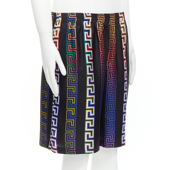 VERSACE 2021 Runway Neon Greca black college fit silk twill shorts IT46 S