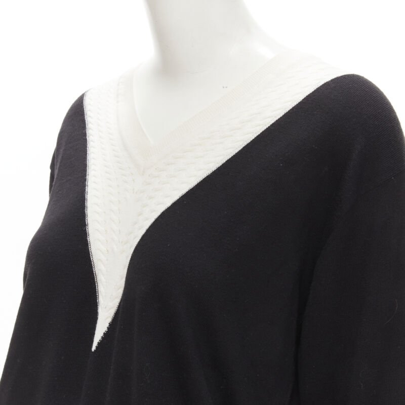 CHANEL 100% wool black white cable knit varsity collar CC charm sweater FR38 M