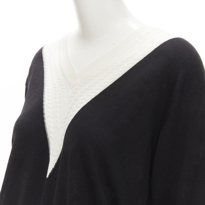 CHANEL 100% wool black white cable knit varsity collar CC charm sweater FR38 M