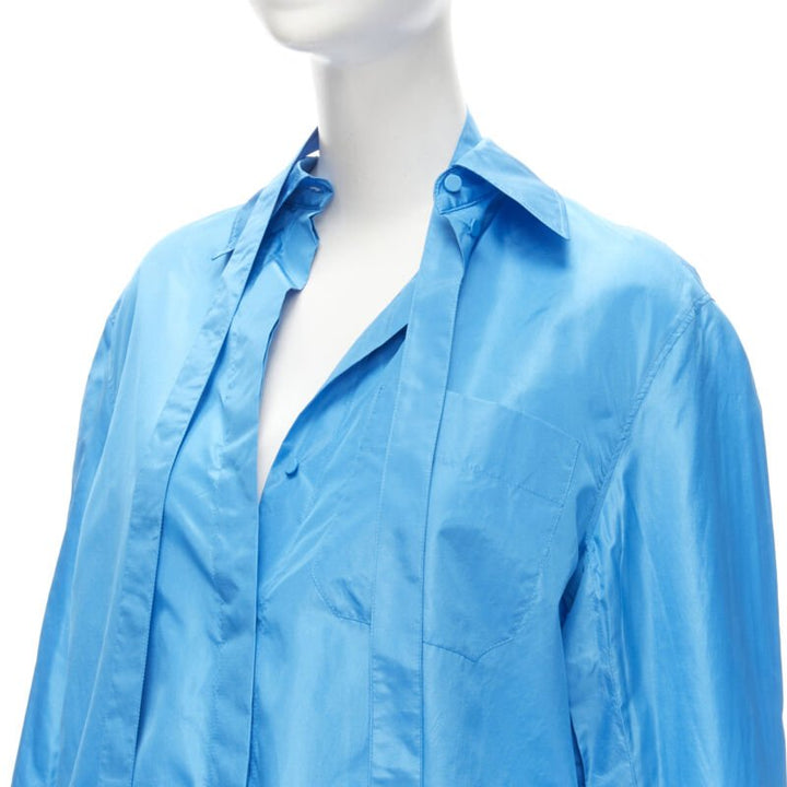 VALENTINO 2022 Runway blue silk tafetta relaxed neck tie oversized shirt IT38 XS