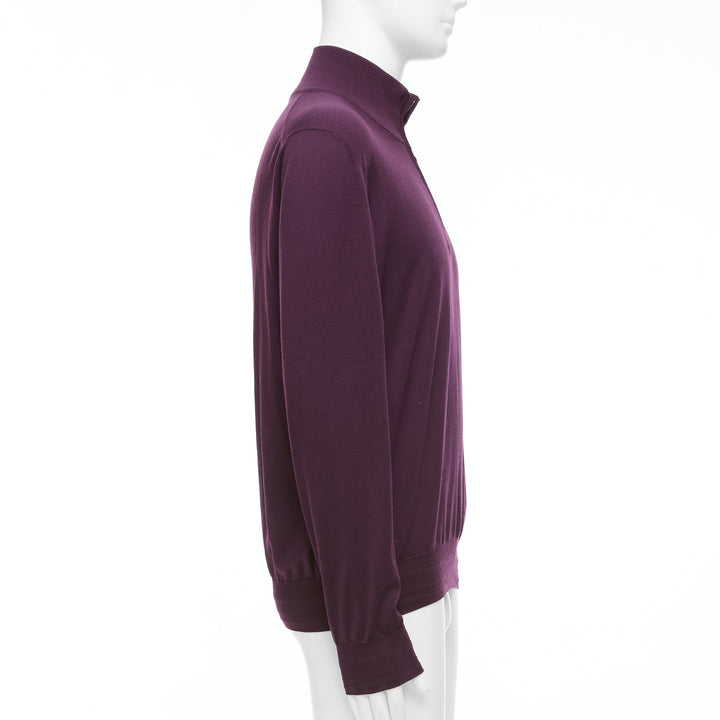 BRIONI 100% wool eggplant purple silk trimmed half zip long sleeve sweater