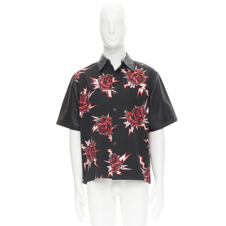 PRADA 2019 black red Rose Bolt cotton leather boxy bowling shirt EU48 M