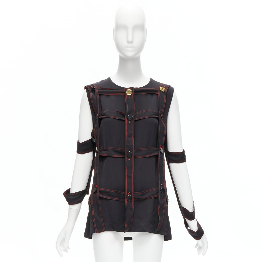 OLD CELINE Philo 2015 Runway Look 17 black grid harness gold button top FR38 M
