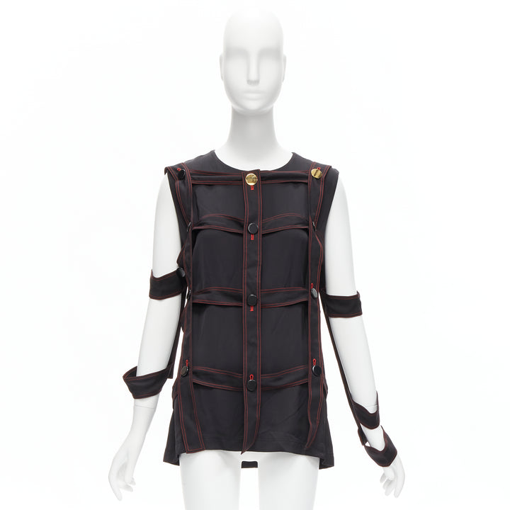 OLD CELINE Philo 2015 Runway Look 17 black grid harness gold button top FR38 M
