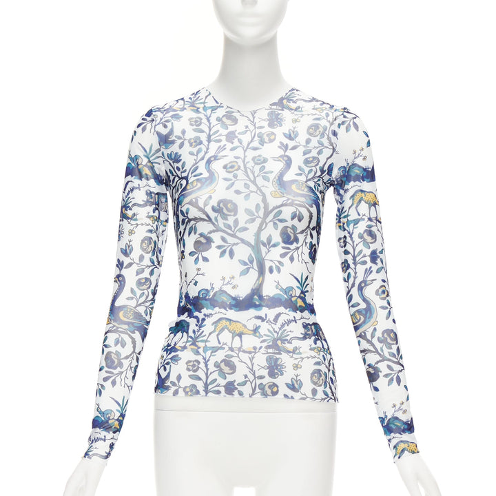 MARQUES ALMEIDA blue white animal floral print mesh long sleeve top XS