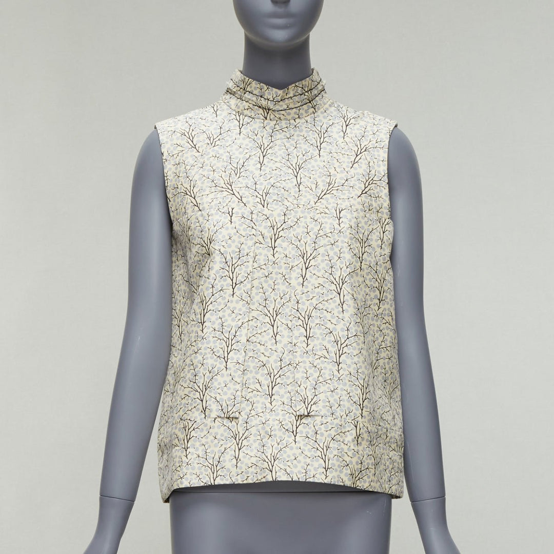 MARNI cream tree print cotton silk lined hi collar angular armhole vest IT40 S