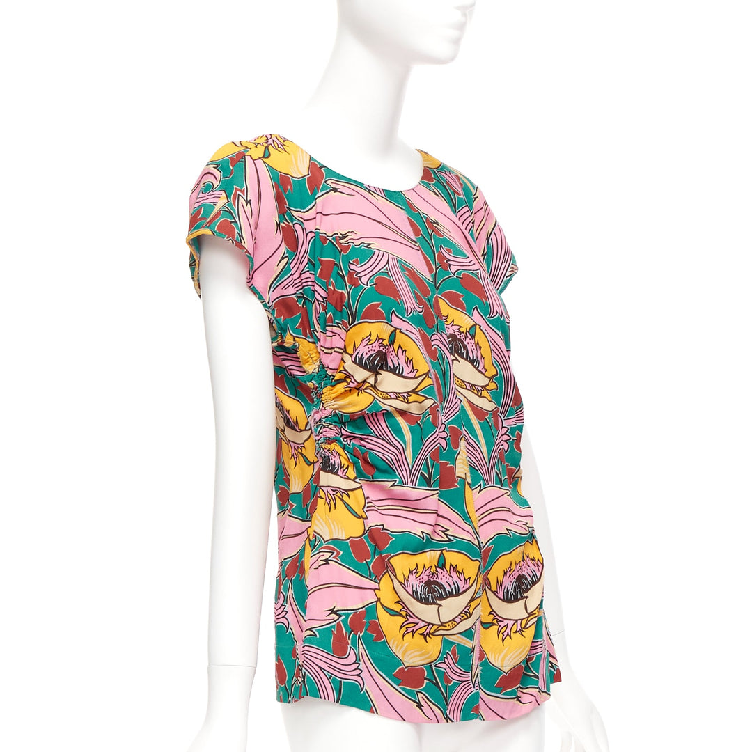 MARNI pink green floral illustration print gathered side cap sleeve top IT38 XS