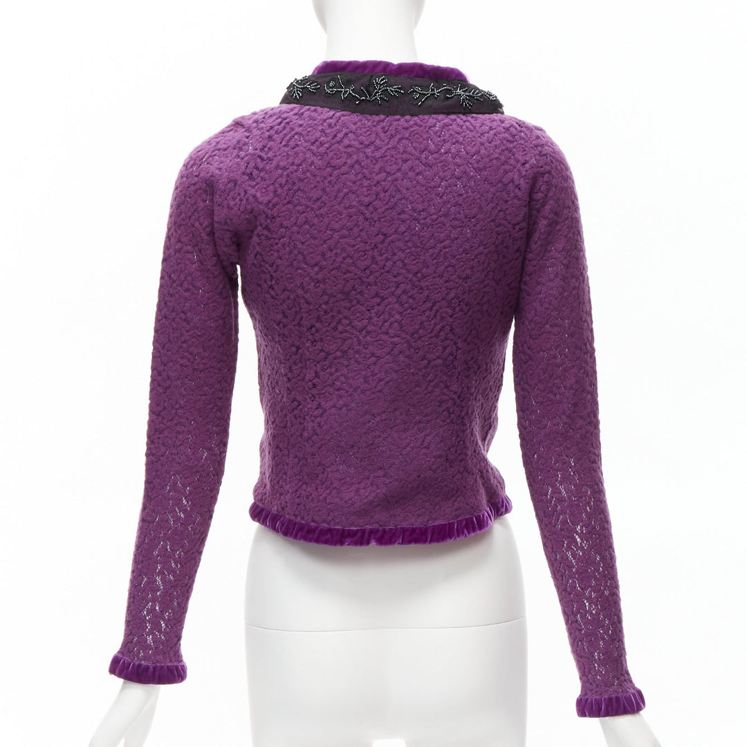 VOYAGE INVEST IN THE ORIGINAL LONDON purple wool black lace velvet cardigan M