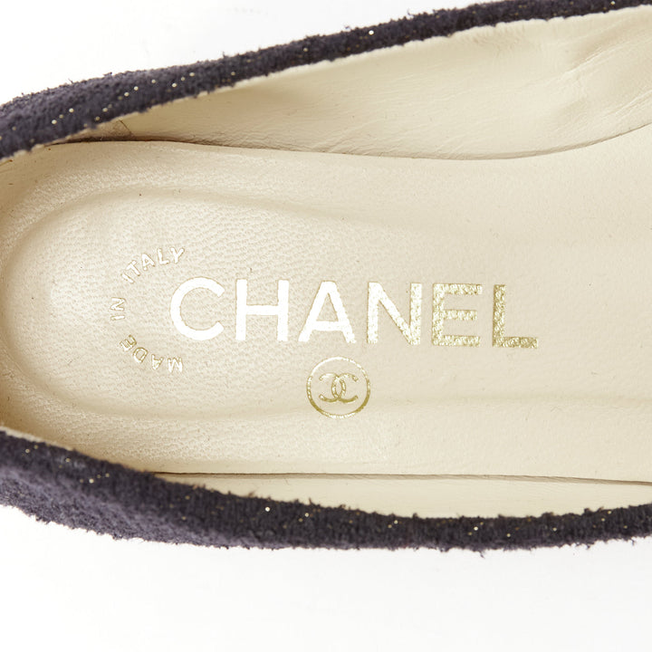 CHANEL black tweed crystal CC embellished logo round toe flat shoes EU35