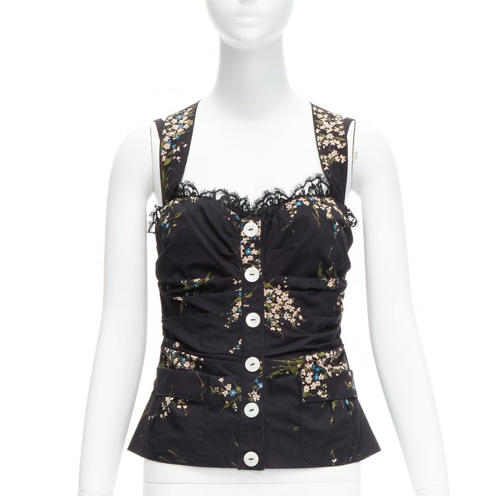 DOLCE GABBANA black floral print cross back lace trim corset top IT42 M