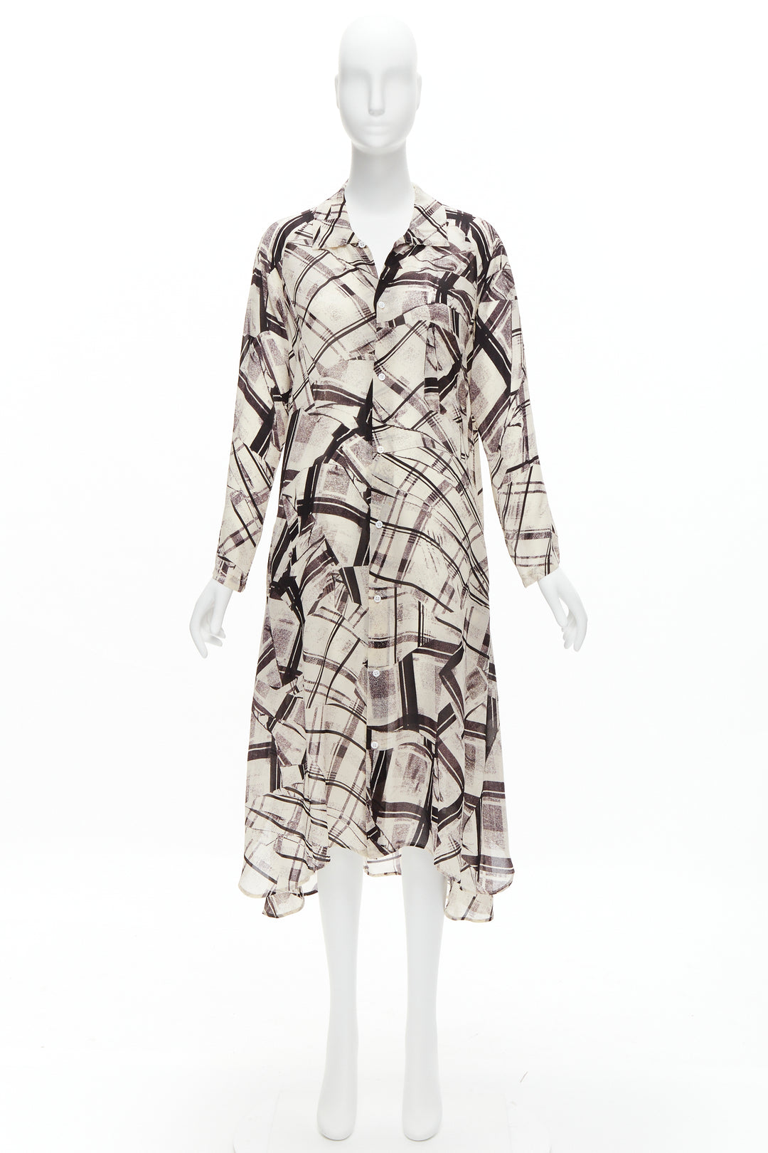 YOHJI YAMAMOTO Y'S abstract checked patchwork printed draped shirt dress JP1 S