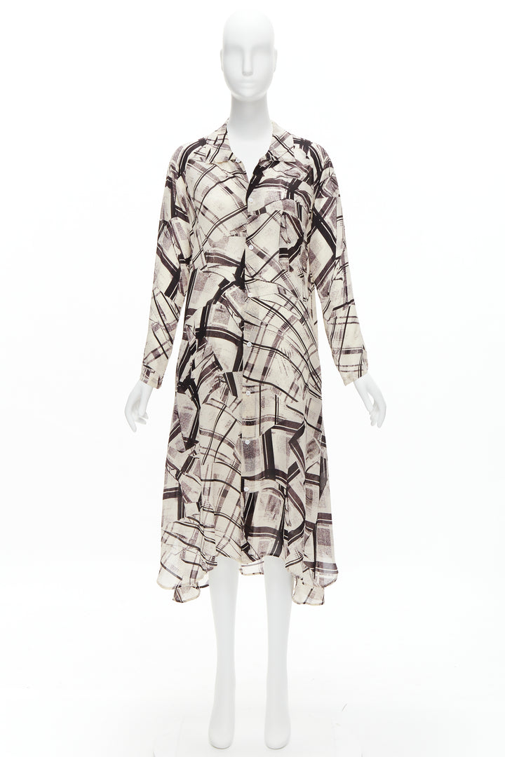 YOHJI YAMAMOTO Y'S abstract checked patchwork printed draped shirt dress JP1 S