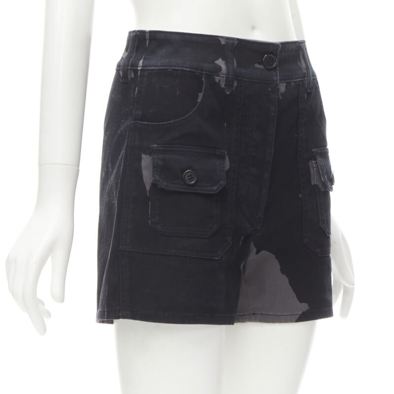 PRADA black grey camo denim triangle logo cargo pocket shorts IT36 XS