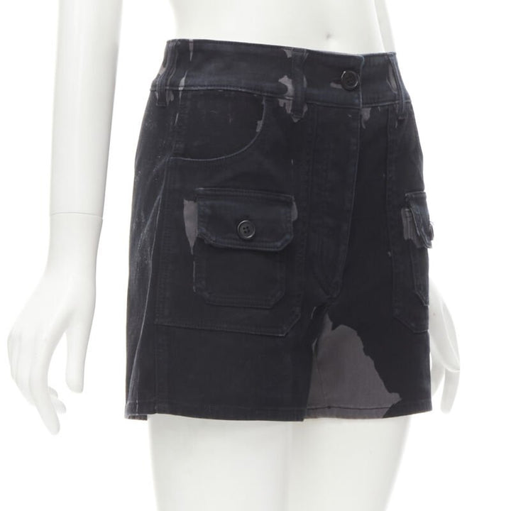 PRADA black grey camo denim triangle logo cargo pocket shorts IT36 XS