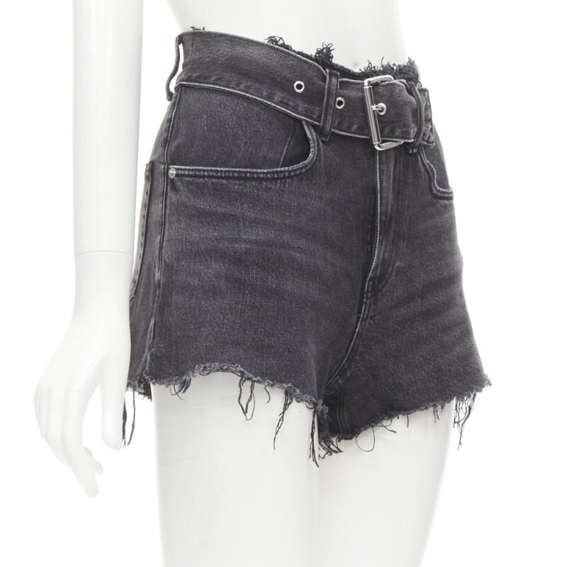 ALEXANDER WANG black washed denim silver buckle cut off frayed shorts 24"