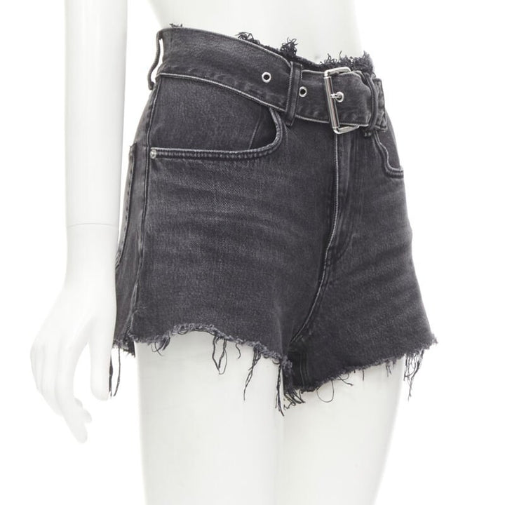 ALEXANDER WANG black washed denim silver buckle cut off frayed shorts 24"
