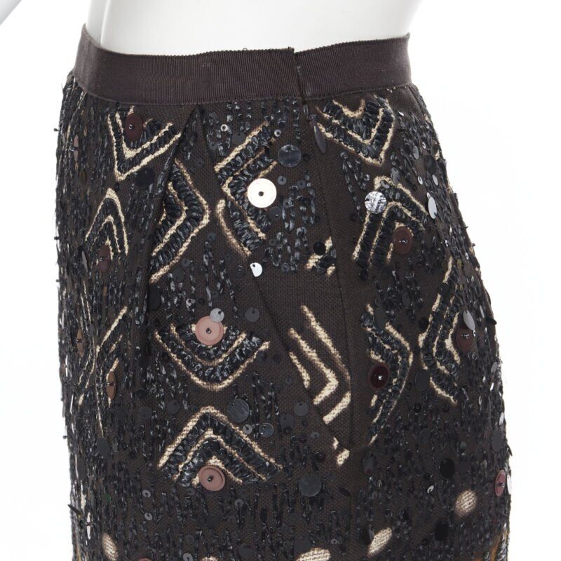 OSCAR DE LA RENTA 2008 brown raffia sequins embellished jacquard skirt US0 24"