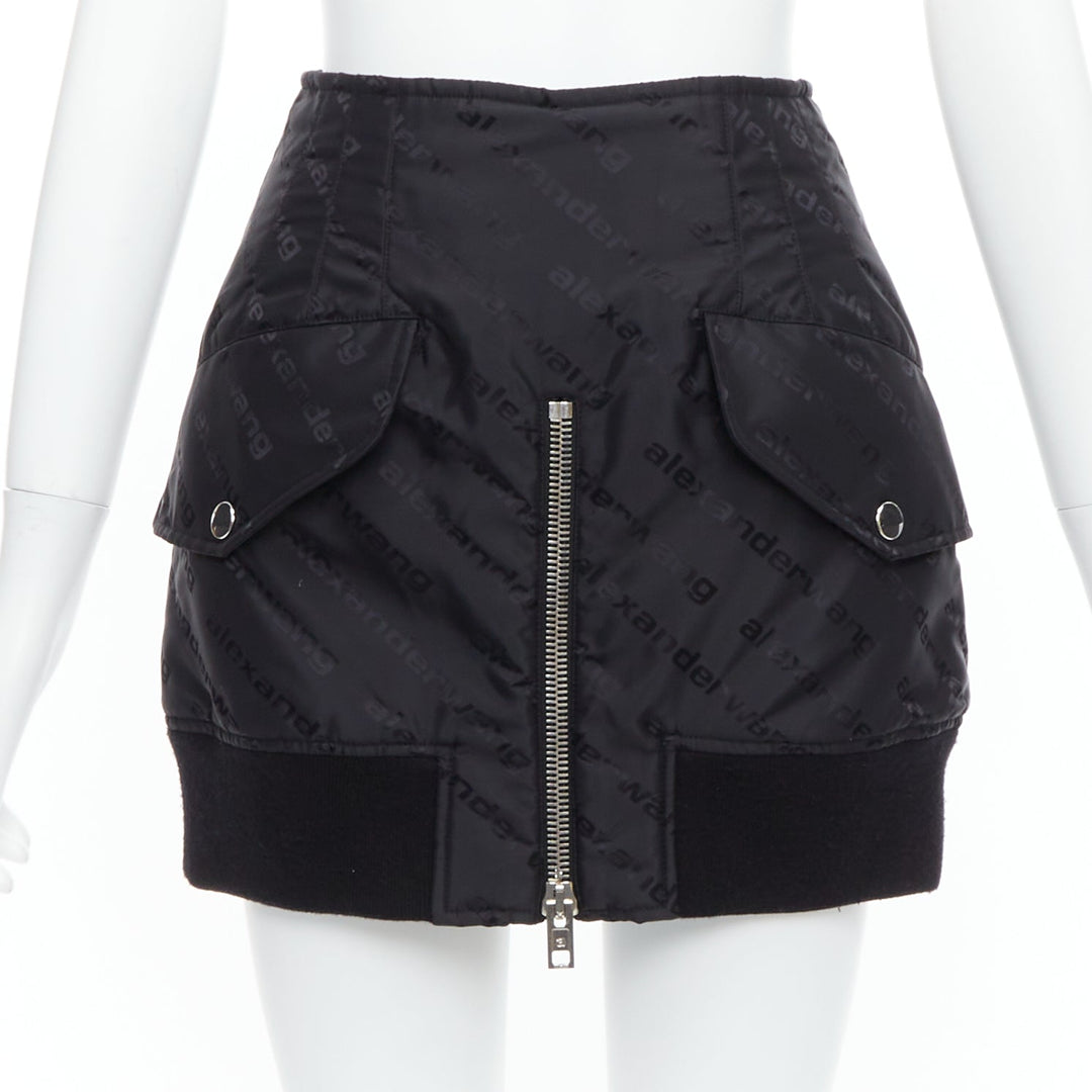 ALEXANDER WANG black logo print deconstructed bomber nylon mini skirt US0 XS