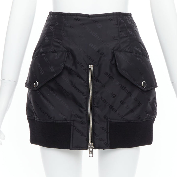 ALEXANDER WANG black logo print deconstructed bomber nylon mini skirt US0 XS