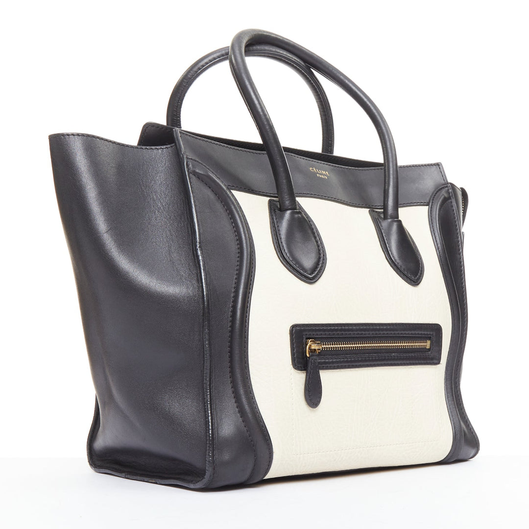 CELINE Luggage Mini black cream bicolor nubuck calfskin flared bag