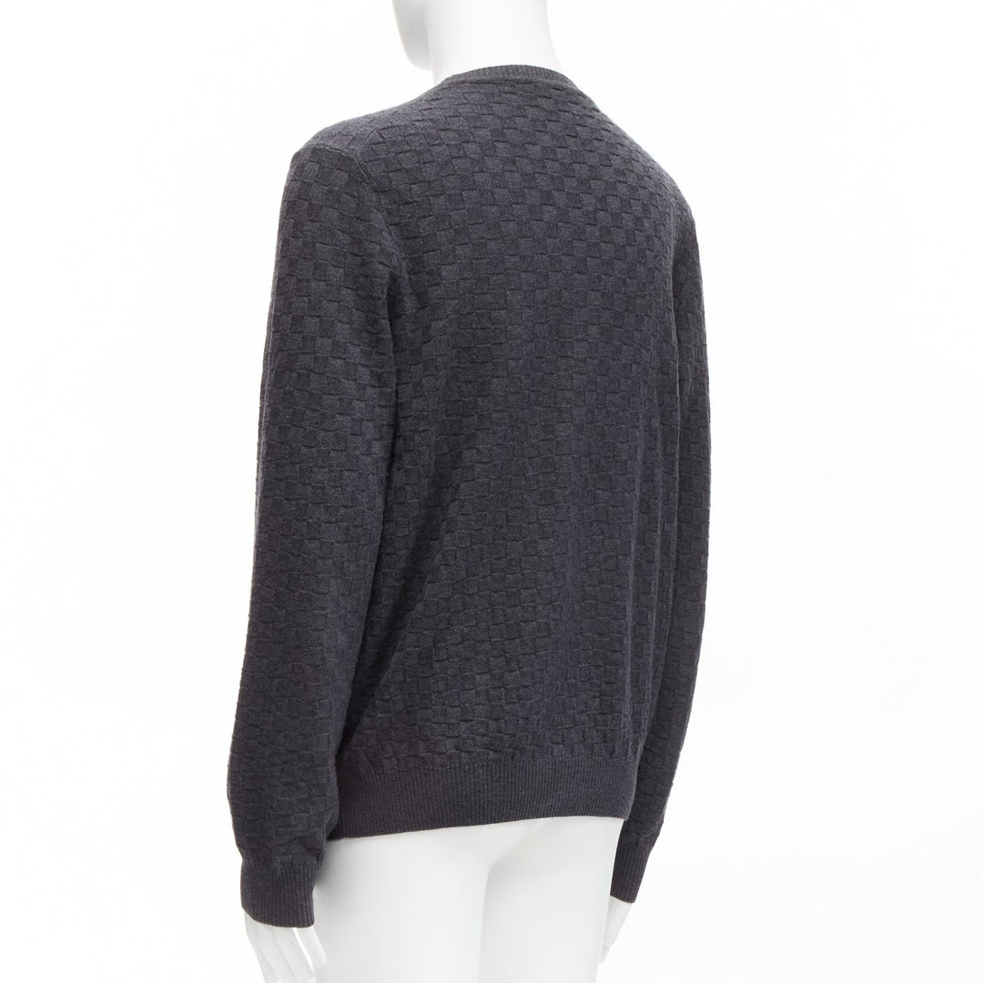 LOUIS VUITTON Damier grey wool cotton checks LV leather patch sweater L