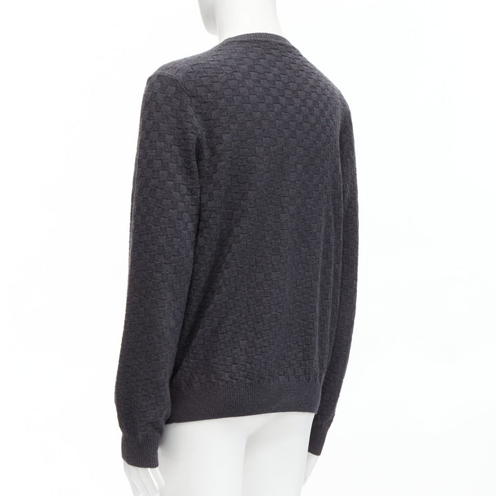 LOUIS VUITTON Damier grey wool cotton checks LV leather patch sweater L