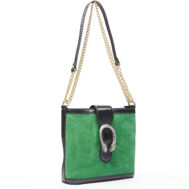 GUCCI Dionysus Kelly green suede black patent trimmed crossbody bucket bag