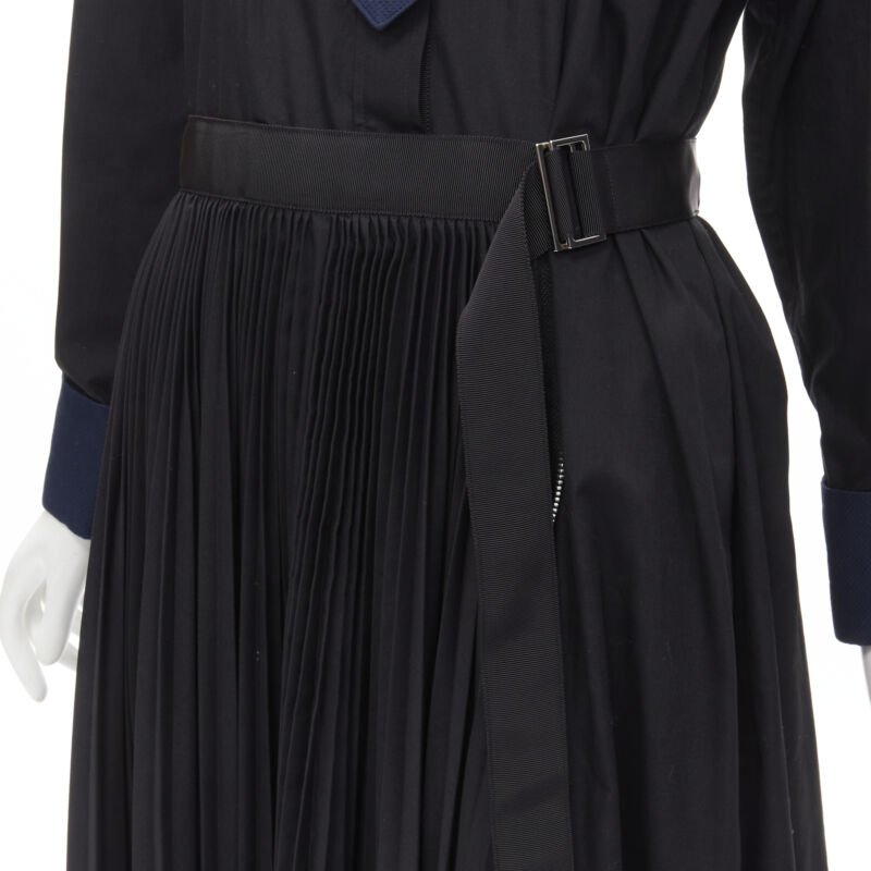SACAI navy tuxedo bib collar black cotton pleated skirt belted midi dress JP2 M