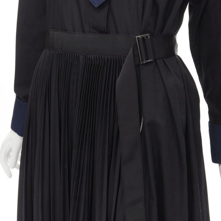 SACAI navy tuxedo bib collar black cotton pleated skirt belted midi dress JP2 M