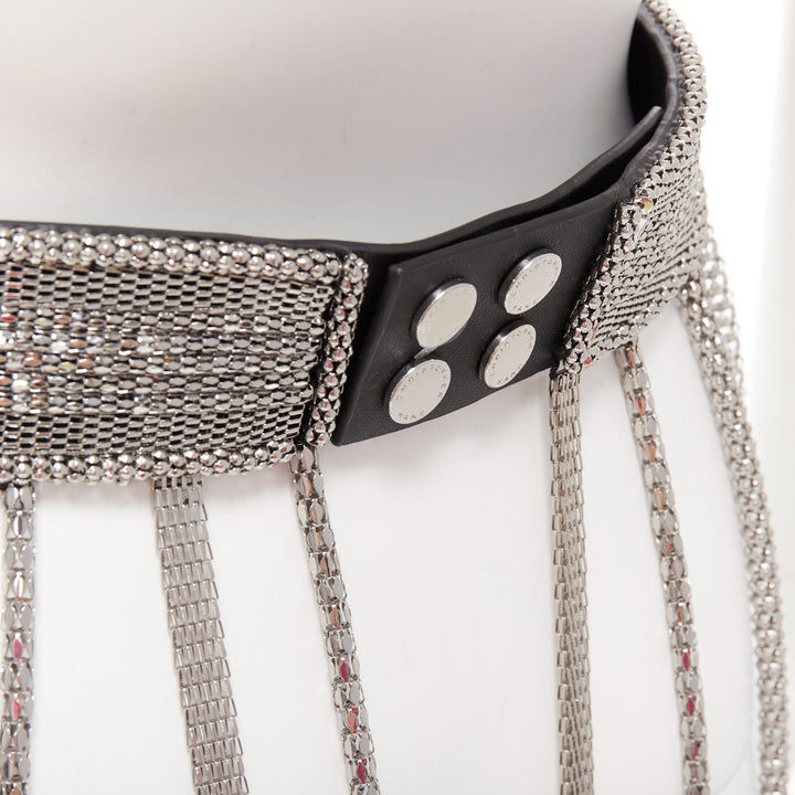 CHRISTOPHER KANE silver multi chain stud front black leather fringe belt S