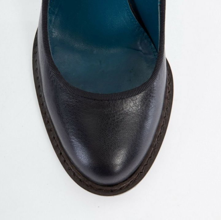 ANNE VALERIE HASH black leather round toe stacked chunky heel shoes EU37 US7 UK4