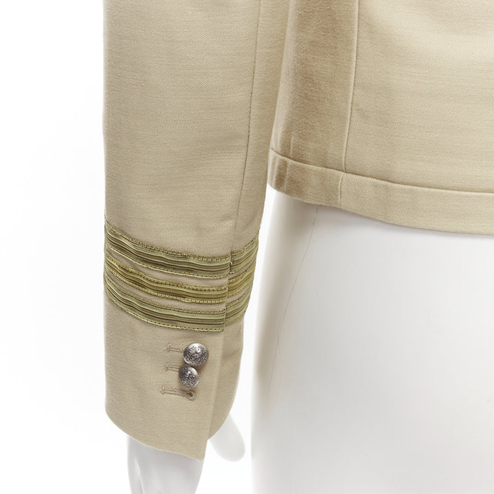 BALMAIN beige cotton military gold trim zippers cropped fitted jacket EU46 S