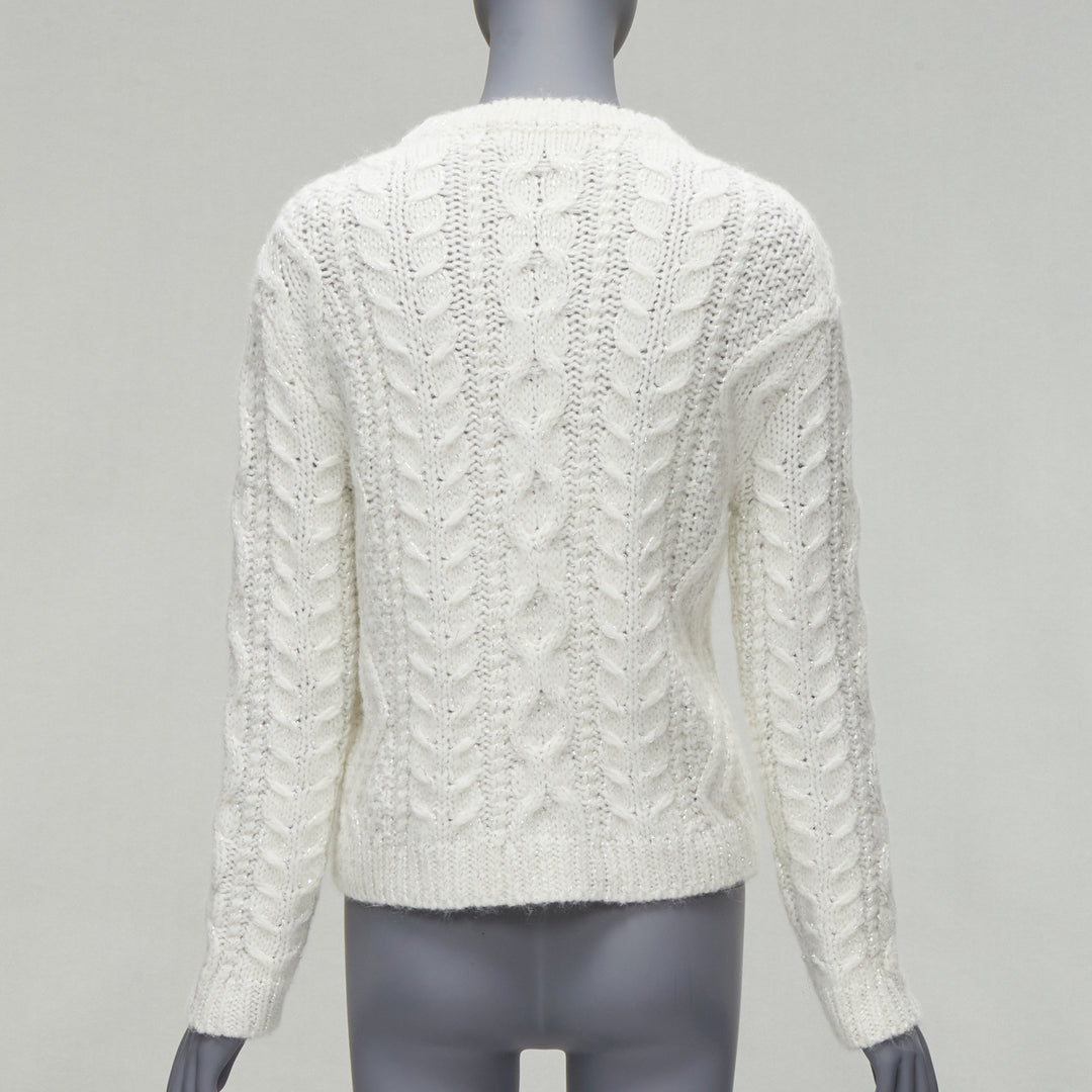 VALENTINO 2021 silver beads sequins bow white lurex cable knit sweater XS